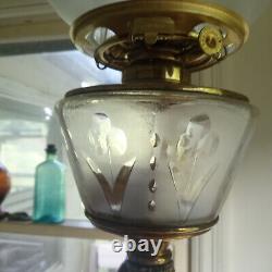 1870s BOY EATING GRAPES FIGURE STEM OIL LAMP WITH ORNATE FROSTED GLASS SHADE