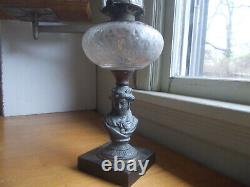 1870s FEMALE FIGURE STEM OIL LAMP FROSTED GLASS FLORAL FONT STONE BASE COMPLETE