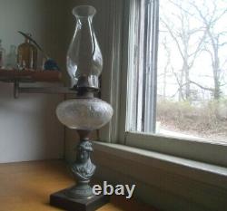 1870s FEMALE FIGURE STEM OIL LAMP FROSTED GLASS FLORAL FONT STONE BASE COMPLETE