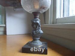 1870s FEMALE FIGURE STEM OIL LAMP FROSTED GLASS FLORAL FONT STONE BASE COMPLETE