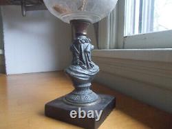 1870s FEMALE FIGURE STEM OIL LAMP FROSTED GLASS FLORAL FONT STONE BASE COMPLETE