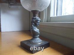 1870s FEMALE FIGURE STEM OIL LAMP FROSTED GLASS FLORAL FONT STONE BASE COMPLETE
