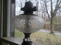 1870s FEMALE FIGURE STEM OIL LAMP FROSTED GLASS FLORAL FONT STONE BASE COMPLETE