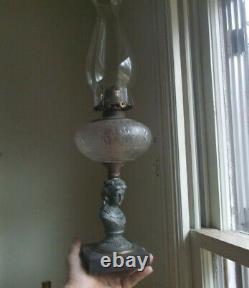 1870s FEMALE FIGURE STEM OIL LAMP FROSTED GLASS FLORAL FONT STONE BASE COMPLETE