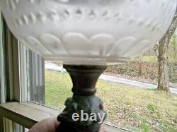 1870s FEMALE FIGURE STEM OIL LAMP FROSTED GLASS FLORAL FONT STONE BASE COMPLETE