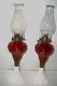 1870s OIL LAMPS CRANBERRY GLASS CUT TO CLEAR MILK GLASS BASE PR GRAPES ANTIQUE