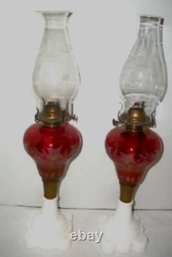 1870s OIL LAMPS CRANBERRY GLASS CUT TO CLEAR MILK GLASS BASE PR GRAPES ANTIQUE