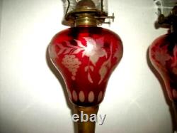 1870s OIL LAMPS CRANBERRY GLASS CUT TO CLEAR MILK GLASS BASE PR GRAPES ANTIQUE