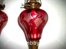 1870s OIL LAMPS CRANBERRY GLASS CUT TO CLEAR MILK GLASS BASE PR GRAPES ANTIQUE