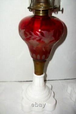 1870s OIL LAMPS CRANBERRY GLASS CUT TO CLEAR MILK GLASS BASE PR GRAPES ANTIQUE
