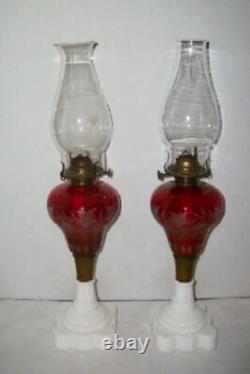 1870s OIL LAMPS CRANBERRY GLASS CUT TO CLEAR MILK GLASS BASE PR GRAPES ANTIQUE