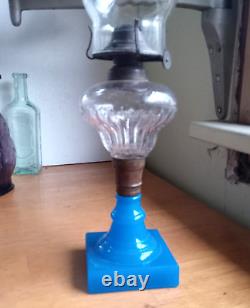 1870s PRISM FONT OIL LAMP WITH BLUE GLASS BASE & NICE SWIRLED GLASS CHIMNEY