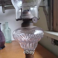 1870s PRISM FONT OIL LAMP WITH BLUE GLASS BASE & NICE SWIRLED GLASS CHIMNEY