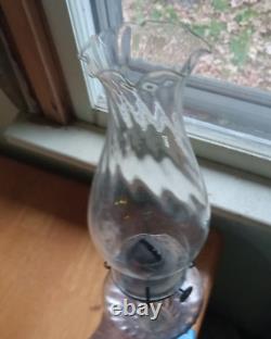 1870s PRISM FONT OIL LAMP WITH BLUE GLASS BASE & NICE SWIRLED GLASS CHIMNEY
