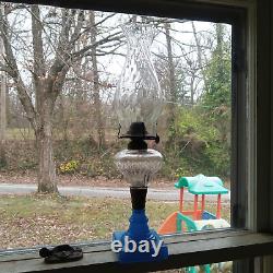 1870s PRISM FONT OIL LAMP WITH BLUE GLASS BASE & NICE SWIRLED GLASS CHIMNEY