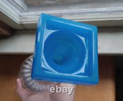 1870s PRISM FONT OIL LAMP WITH BLUE GLASS BASE & NICE SWIRLED GLASS CHIMNEY