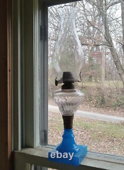 1870s PRISM FONT OIL LAMP WITH BLUE GLASS BASE & NICE SWIRLED GLASS CHIMNEY