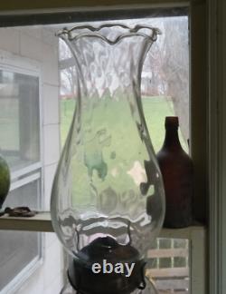 1870s PRISM FONT OIL LAMP WITH BLUE GLASS BASE & NICE SWIRLED GLASS CHIMNEY