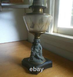 1870s RARE ORIGINAL MY PET FIGURE STEM OIL LAMP FROSTED FLOWER PANELS FONT