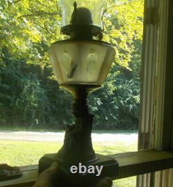 1870s RARE ORIGINAL MY PET FIGURE STEM OIL LAMP FROSTED FLOWER PANELS FONT