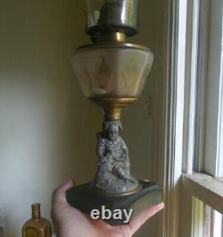 1870s RARE ORIGINAL MY PET FIGURE STEM OIL LAMP FROSTED FLOWER PANELS FONT