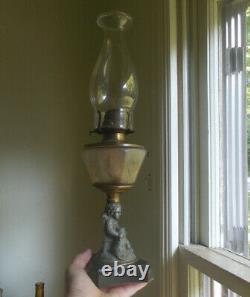 1870s RARE ORIGINAL MY PET FIGURE STEM OIL LAMP FROSTED FLOWER PANELS FONT