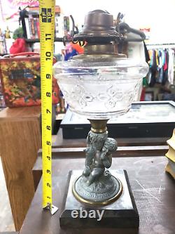 1870s Victorian Spelter Cherub With Basket & Lamb Figural Oil Lamp Still Working