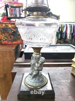 1870s Victorian Spelter Cherub With Basket & Lamb Figural Oil Lamp Still Working