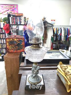 1870s Victorian Spelter Cherub With Basket & Lamb Figural Oil Lamp Still Working