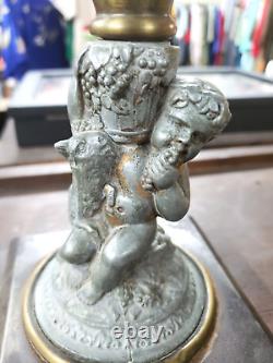 1870s Victorian Spelter Cherub With Basket & Lamb Figural Oil Lamp Still Working