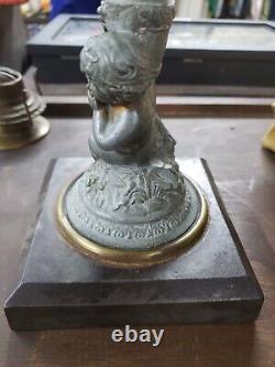 1870s Victorian Spelter Cherub With Basket & Lamb Figural Oil Lamp Still Working