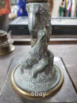 1870s Victorian Spelter Cherub With Basket & Lamb Figural Oil Lamp Still Working