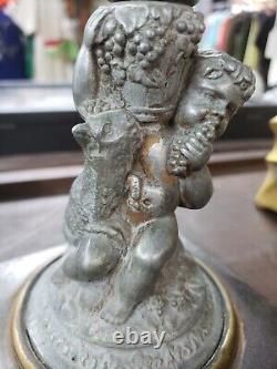 1870s Victorian Spelter Cherub With Basket & Lamb Figural Oil Lamp Still Working