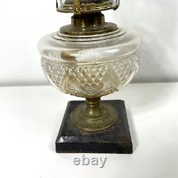 1880-1890 Queen Anne Oil Lamp Zig Zag & Diamond Clear W Brass Bottom Hurricane