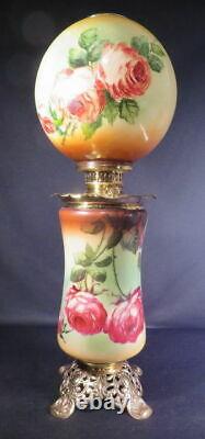 1880-90's Tall Red Roses Kerosene Oil GWTW or Parlor Lamp Antique