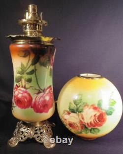 1880-90's Tall Red Roses Kerosene Oil GWTW or Parlor Lamp Antique