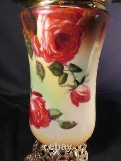 1880-90's Tall Red Roses Kerosene Oil GWTW or Parlor Lamp Antique