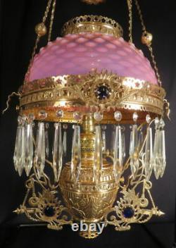 1880's Ansonia Brass Co Jeweled Decorated Kero Oil Hanging Prism Library Lamp