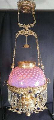 1880's Ansonia Brass Co Jeweled Decorated Kero Oil Hanging Prism Library Lamp