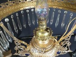 1880's Ansonia Brass Co Jeweled Decorated Kero Oil Hanging Prism Library Lamp