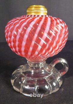 1880's Cranberry Opalescent Sheldon Swirl Kerosene Oil Footed Finger #1 Lamp