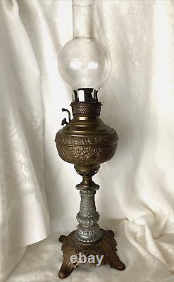 1880's The New Juno No 2 Table Oil Lamp Repousse withChimney 25 Antique
