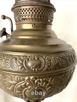 1880's The New Juno No 2 Table Oil Lamp Repousse withChimney 25 Antique