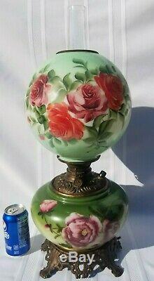 1880's Vintage Green Roses Gone With The Wind Hurricane Parlor Banquet Oil Lamp