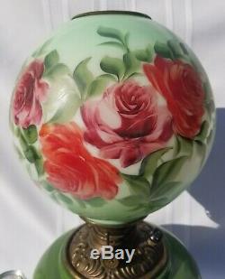 1880's Vintage Green Roses Gone With The Wind Hurricane Parlor Banquet Oil Lamp