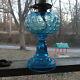 1880s BEAUTIFUL BLUE GLASS DEW DROP HOBNAIL STAND LAMP WITH BURNER & CHIMNEY