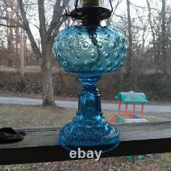 1880s BEAUTIFUL BLUE GLASS DEW DROP HOBNAIL STAND LAMP WITH BURNER & CHIMNEY