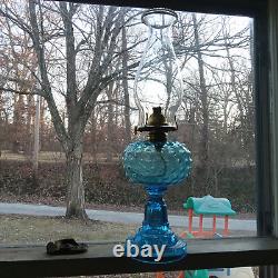 1880s BEAUTIFUL BLUE GLASS DEW DROP HOBNAIL STAND LAMP WITH BURNER & CHIMNEY