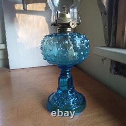 1880s BEAUTIFUL BLUE GLASS DEW DROP HOBNAIL STAND LAMP WITH BURNER & CHIMNEY