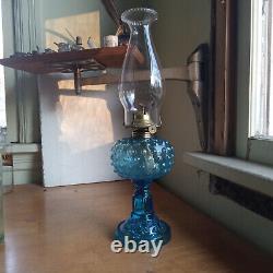 1880s BEAUTIFUL BLUE GLASS DEW DROP HOBNAIL STAND LAMP WITH BURNER & CHIMNEY